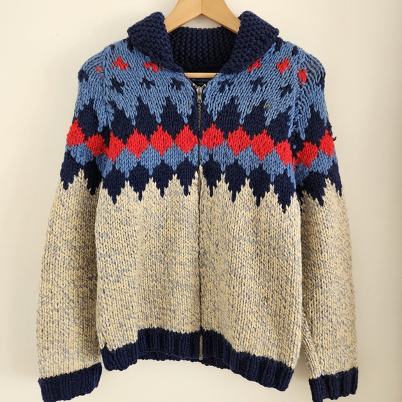 Sweater Other - 1930s/1940s Navy and Red Patterned Wool Sweater